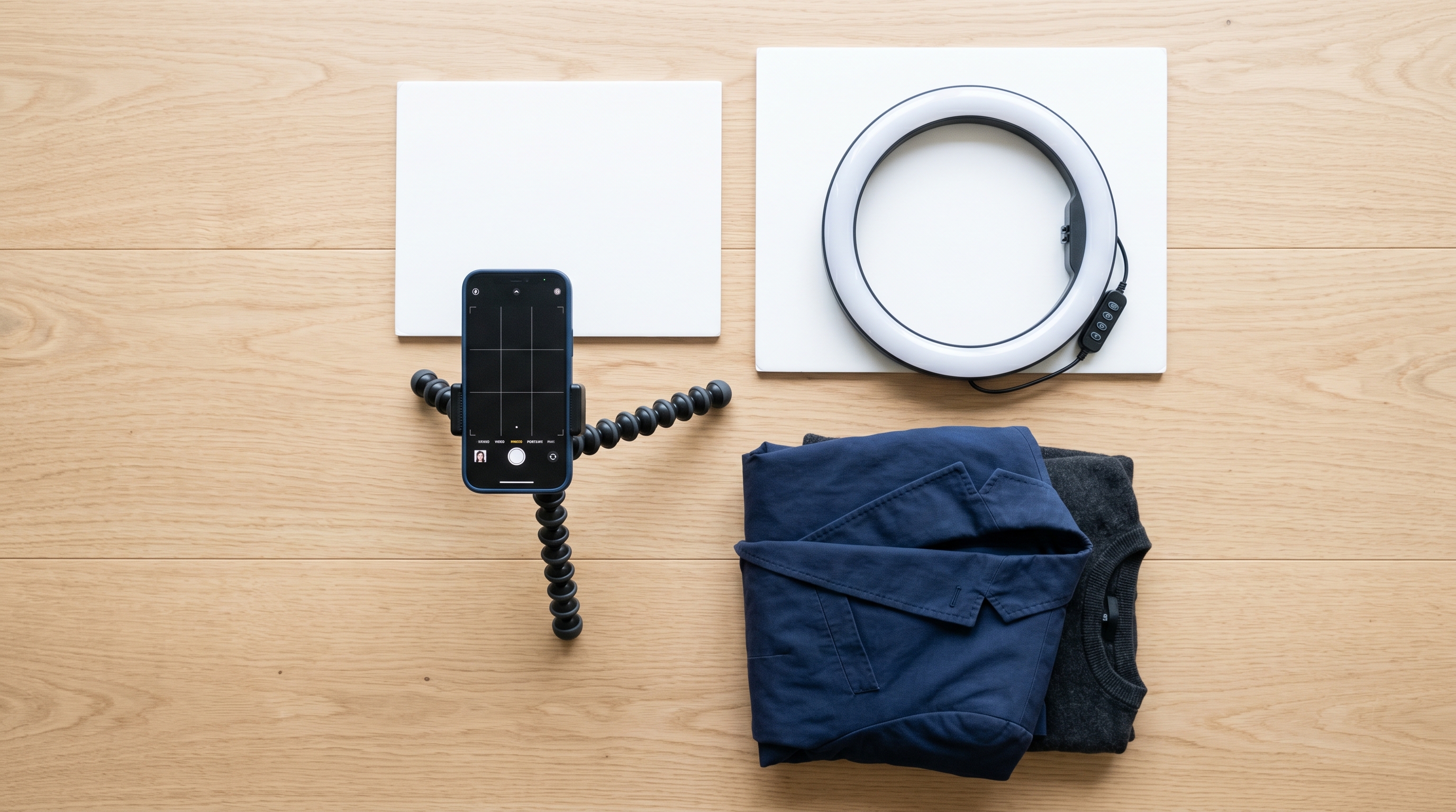 Flat-lay arrangement of essential DIY headshot tools including a smartphone on tripod, ring light, white foam board reflector, and professional clothing options in navy and charcoal