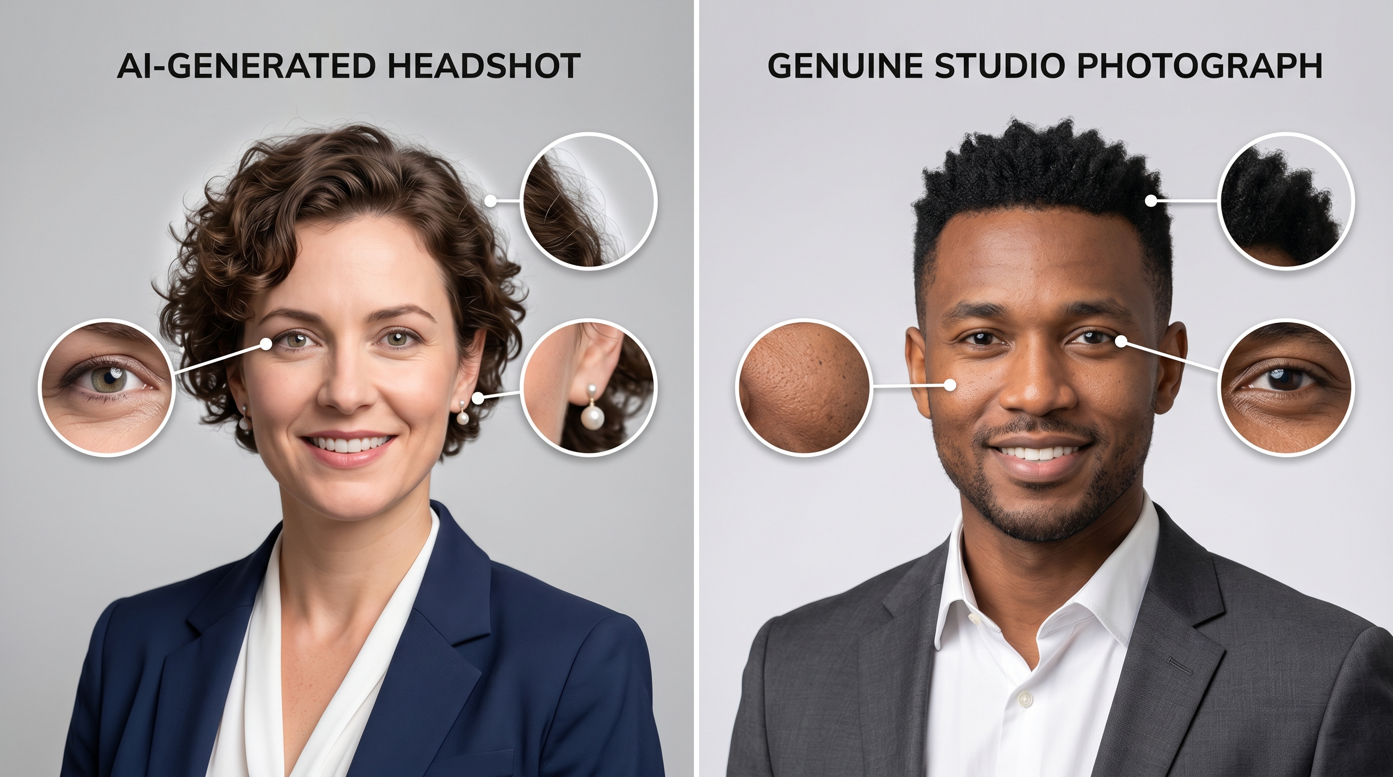 Side-by-side comparison of an AI-generated headshot and a real professional photograph, with magnified zoom areas highlighting common artifact zones: eye reflections, earring details, and hair-to-background transitions.