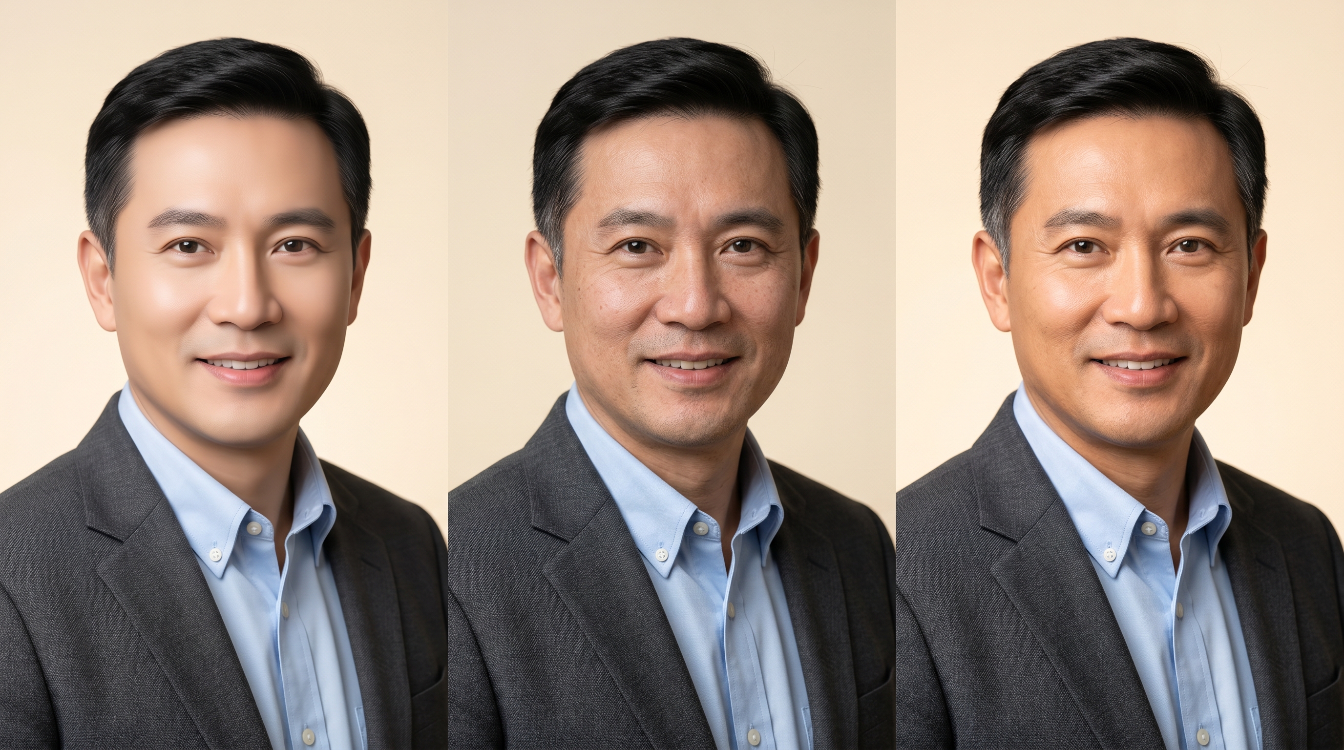 Side-by-side comparison of three AI-generated professional headshots showing differences in skin texture, lighting quality, and realism across different generation approaches