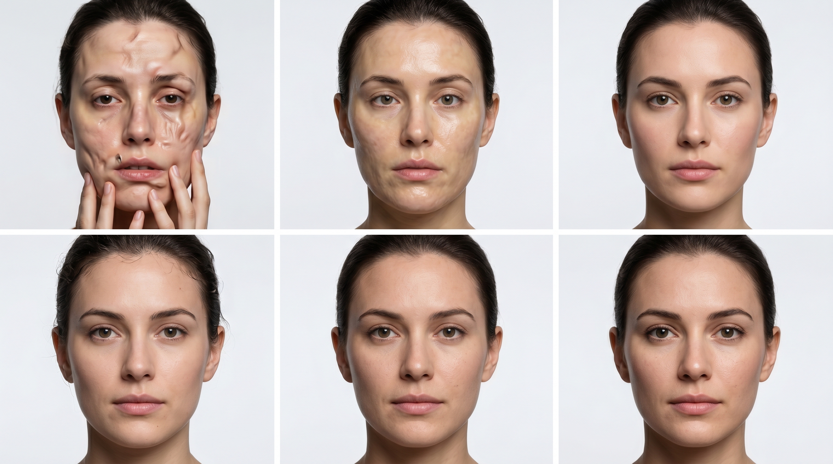 A grid showing six AI-generated faces representing the evolution of AI face generation from 2021 to 2026, progressing from distorted and clearly artificial to nearly indistinguishable from real photographs