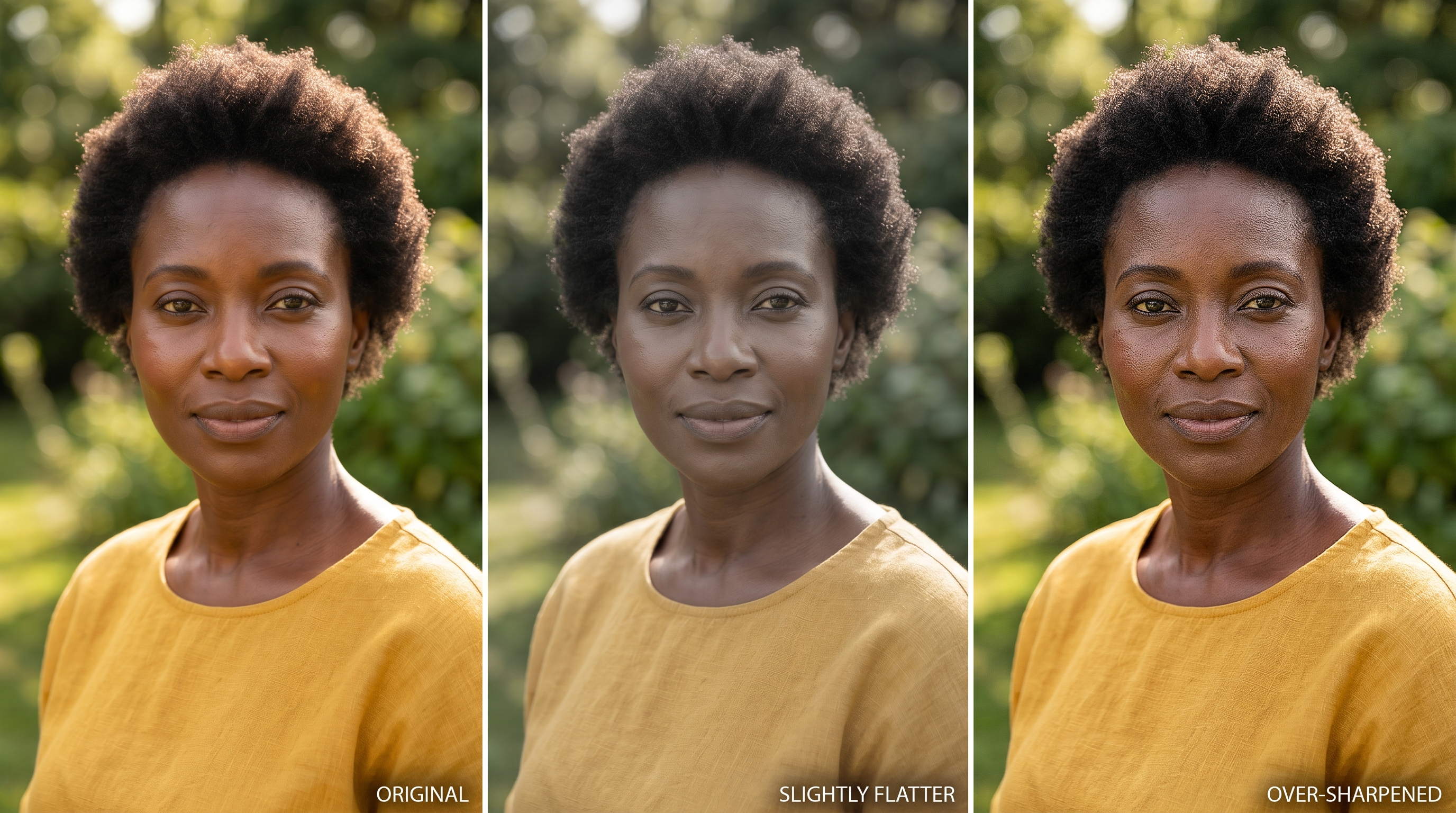 Three side-by-side portrait comparisons of a woman with deep skin tone under natural light, demonstrating differences in subsurface scattering, tonal depth, and skin texture rendering across different AI models