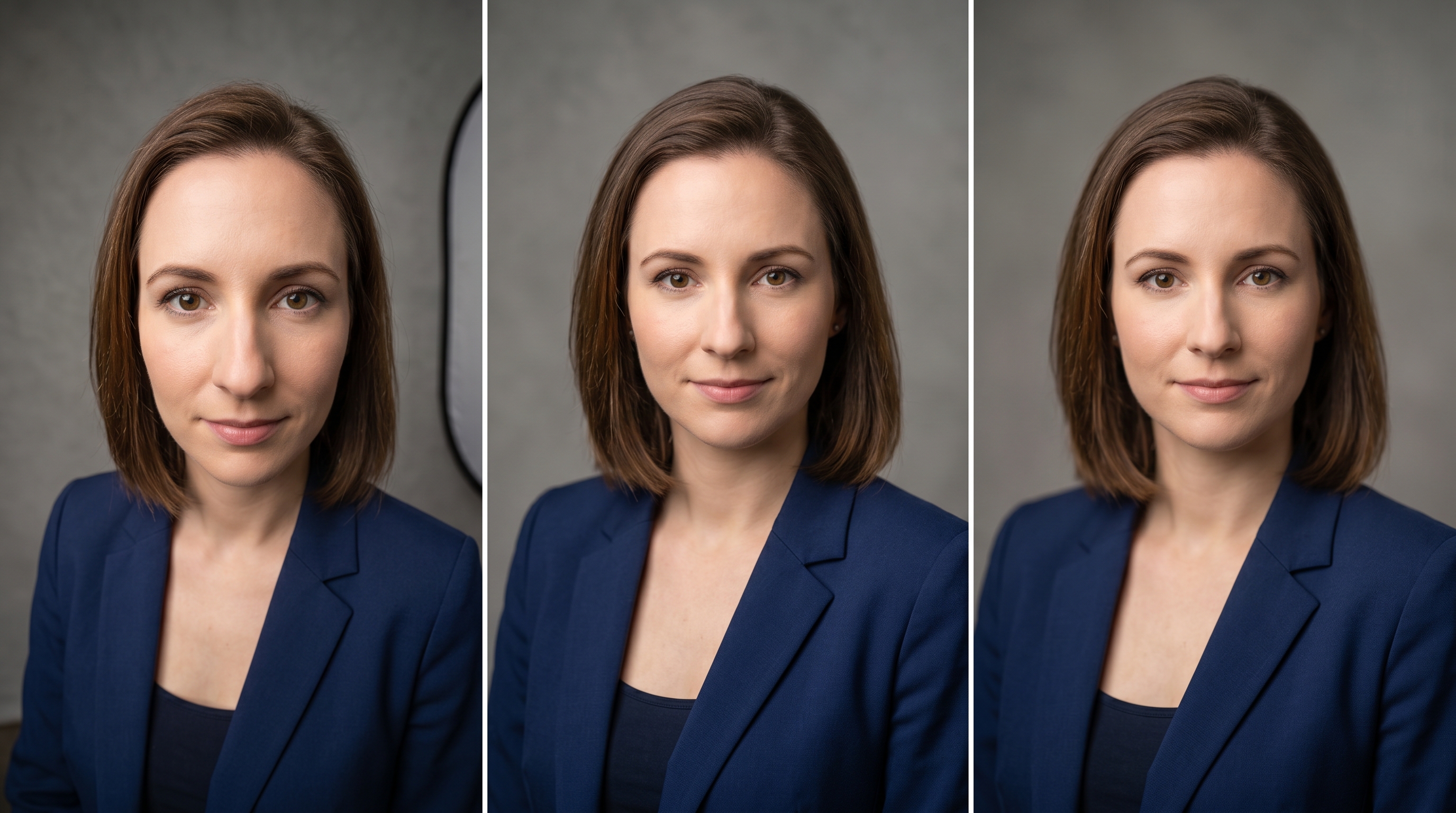 Side-by-side comparison showing how different camera focal lengths affect facial proportions, from wide-angle distortion on the left to flattering telephoto compression on the right