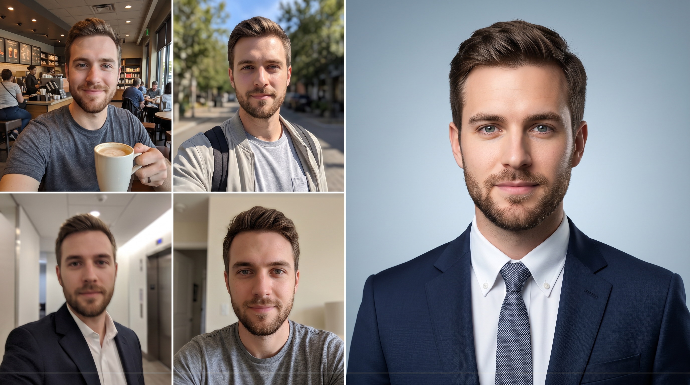 Before and after comparison showing casual everyday selfie photos transformed into a polished professional AI-generated headshot