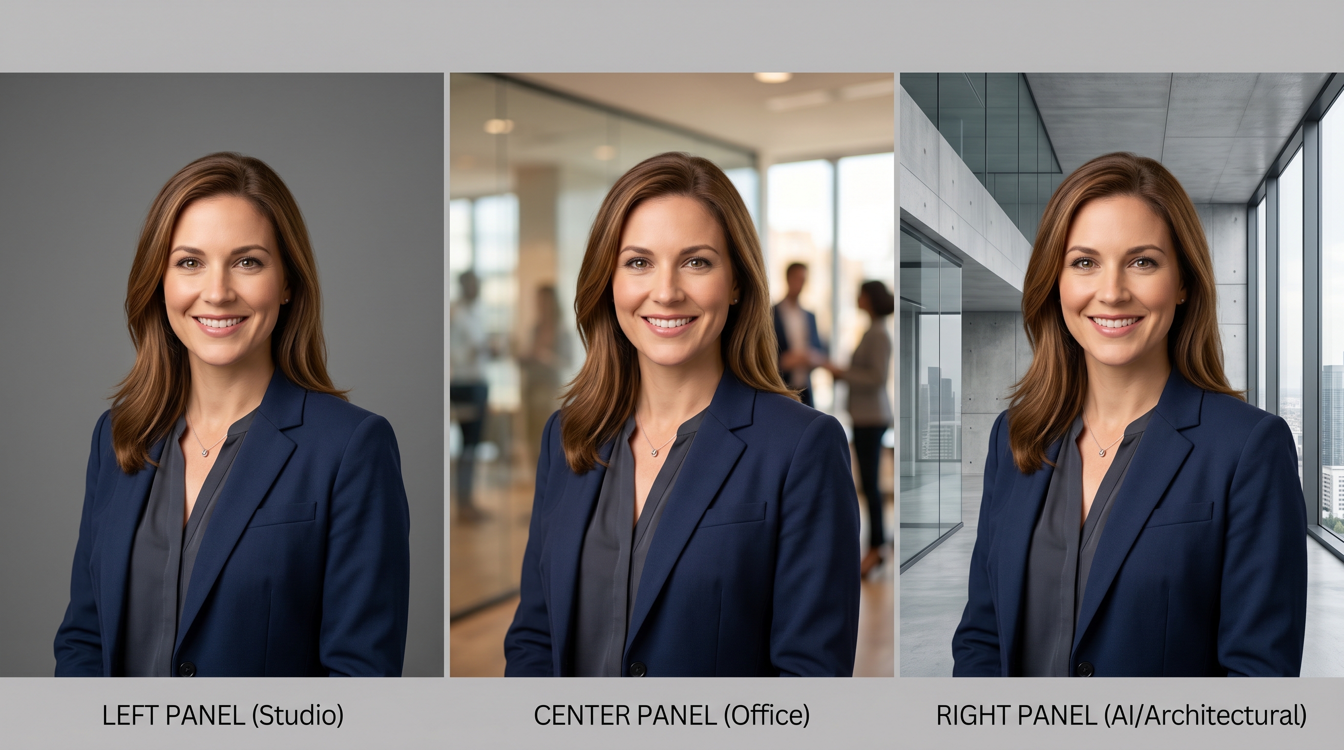 Side-by-side comparison of the same professional photographed against a solid gray studio backdrop, a blurred office environment, and an AI-generated architectural background