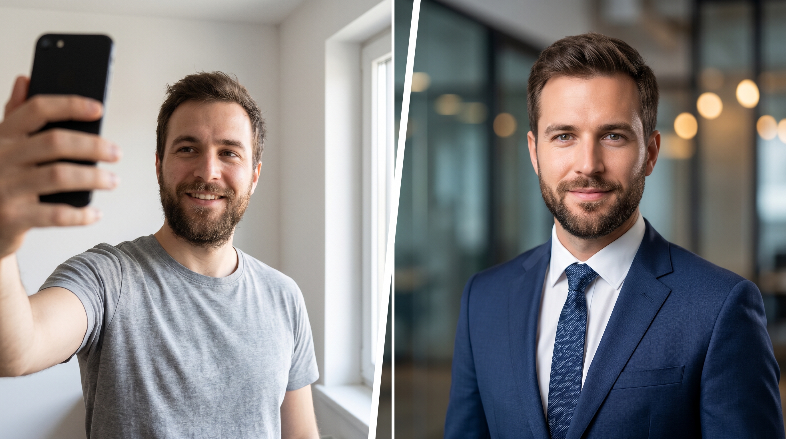 Before and after showing a casual selfie transformed into a polished professional AI headshot with an environmental office background