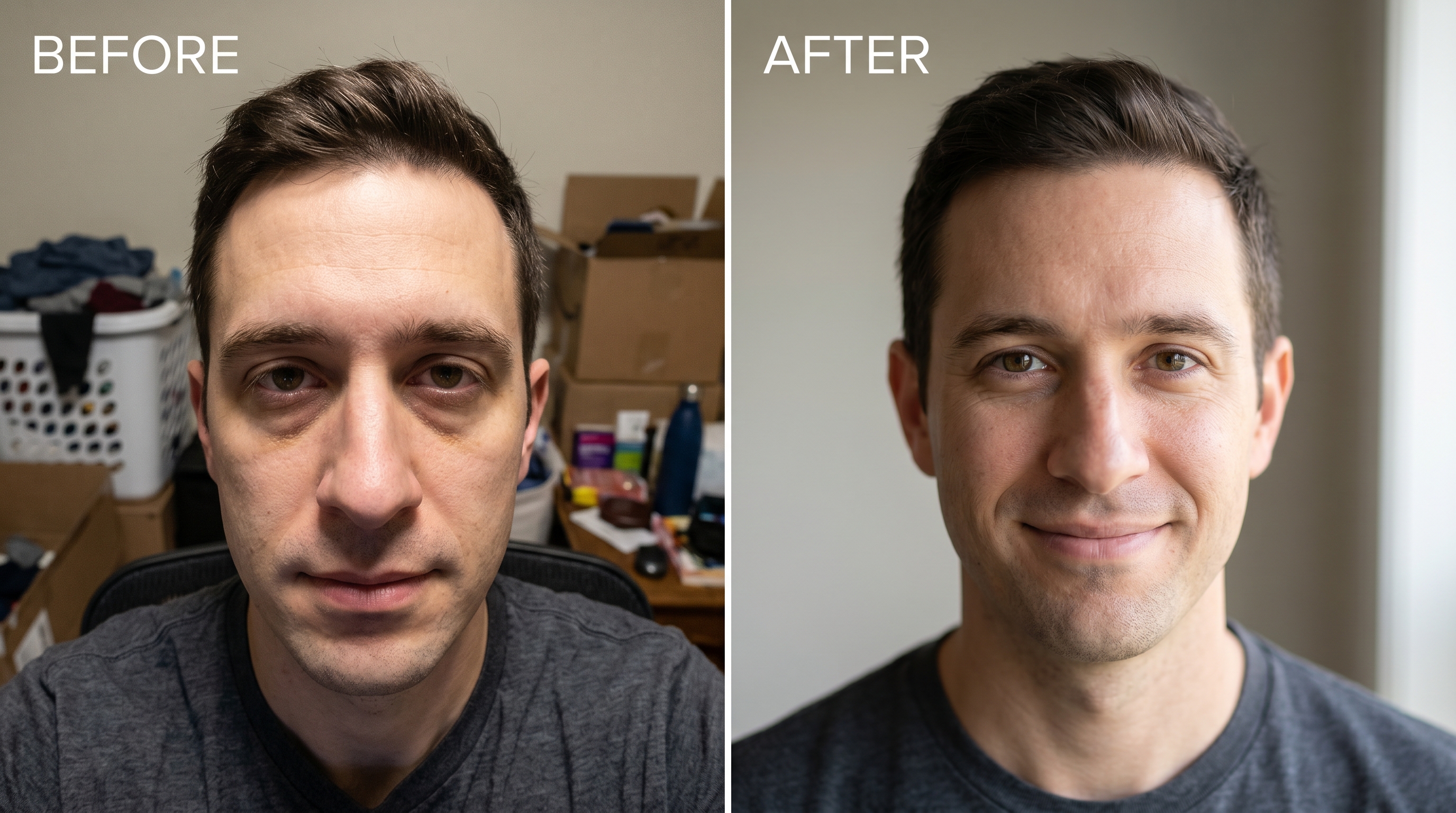 Side-by-side comparison of a poor DIY headshot with harsh lighting and cluttered background versus a polished DIY headshot with soft directional light and blurred neutral background