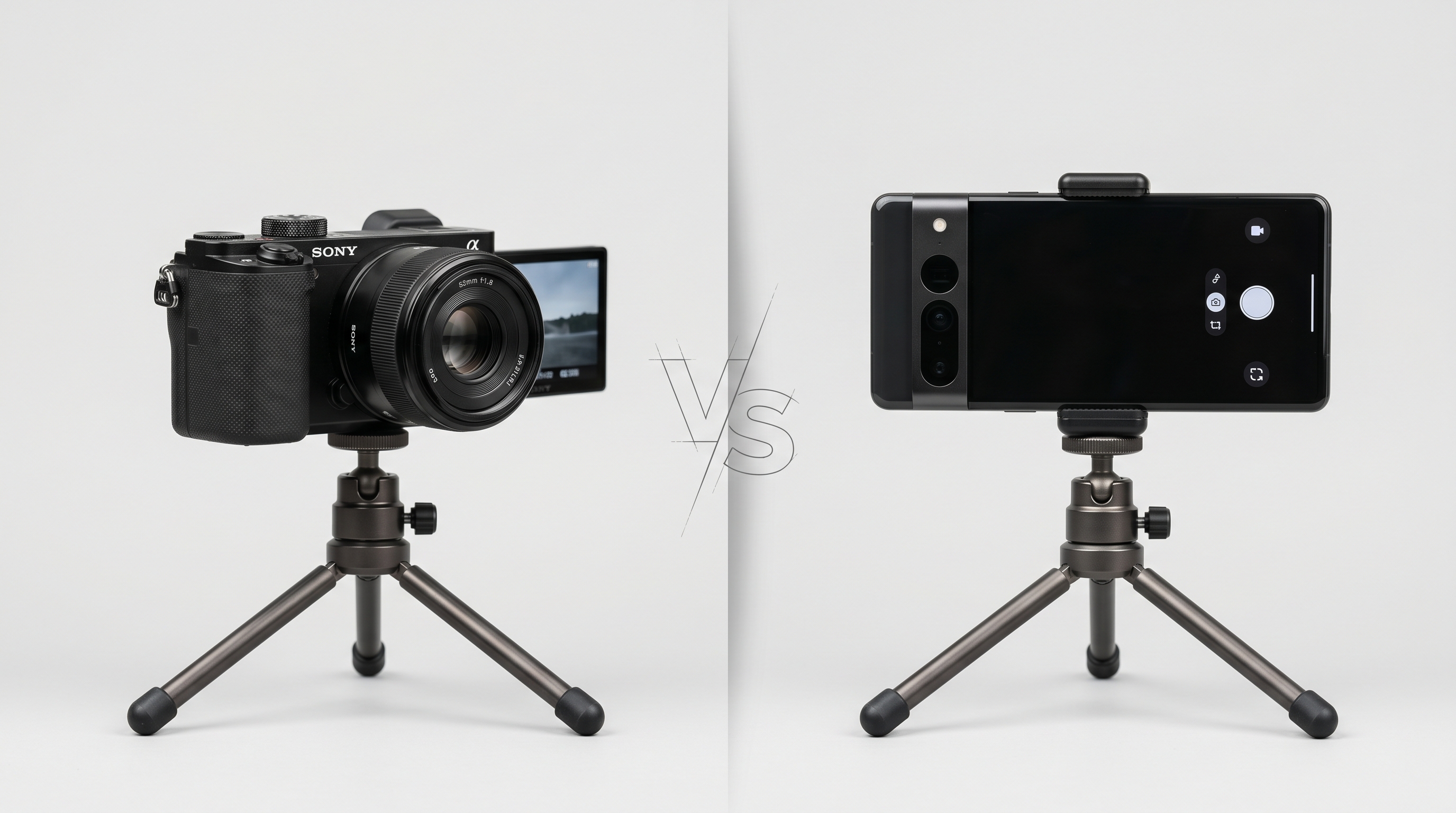 Visual comparison of an entry-level mirrorless camera with prime lens on a tripod next to a flagship smartphone on a phone mount, representing the headshot camera choice
