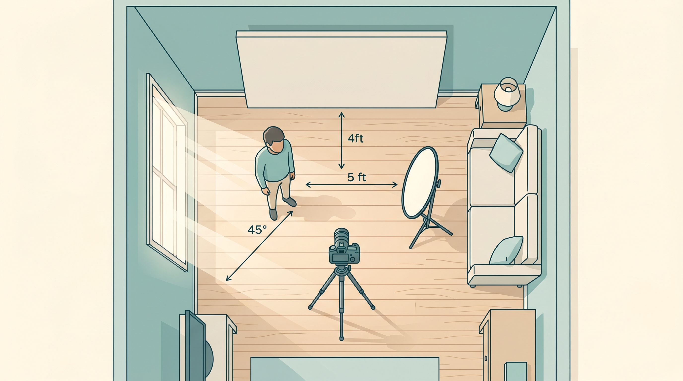 Overhead diagram showing a living room headshot setup with window light, reflector placement, camera on tripod, and subject positioning