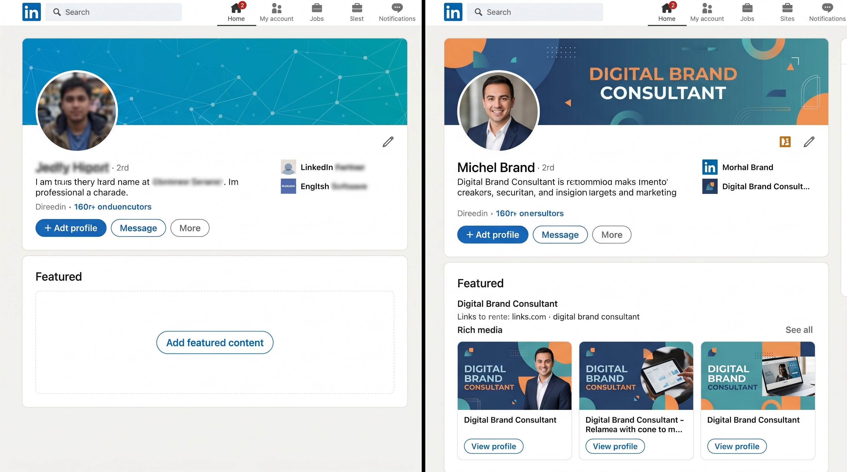 Side-by-side comparison of a poorly designed LinkedIn profile with visual inconsistencies versus a polished, visually coherent LinkedIn profile with professional headshot and branded elements