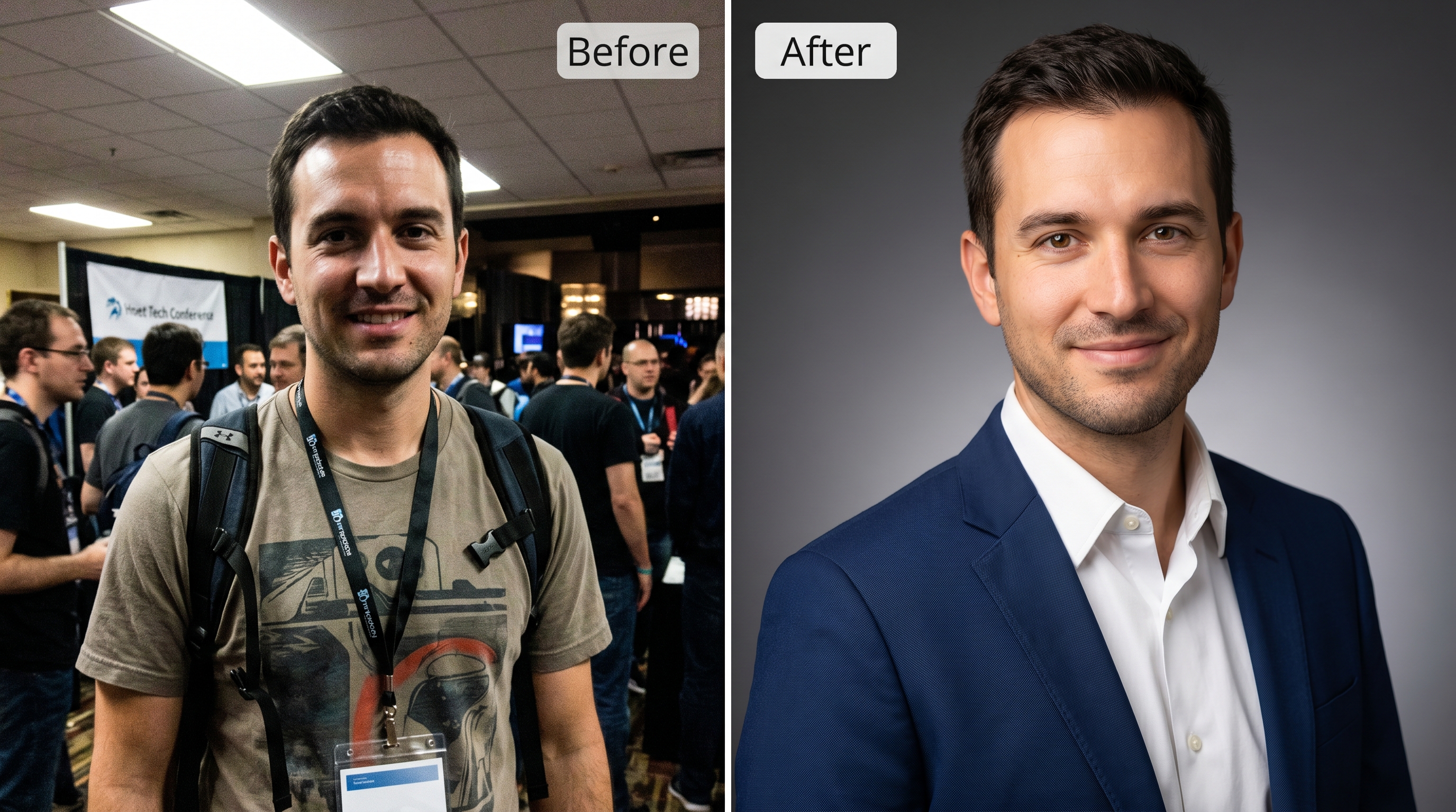 Before and after headshot comparison showing a casual event snapshot transformed into a polished, studio-quality professional headshot with proper lighting and framing