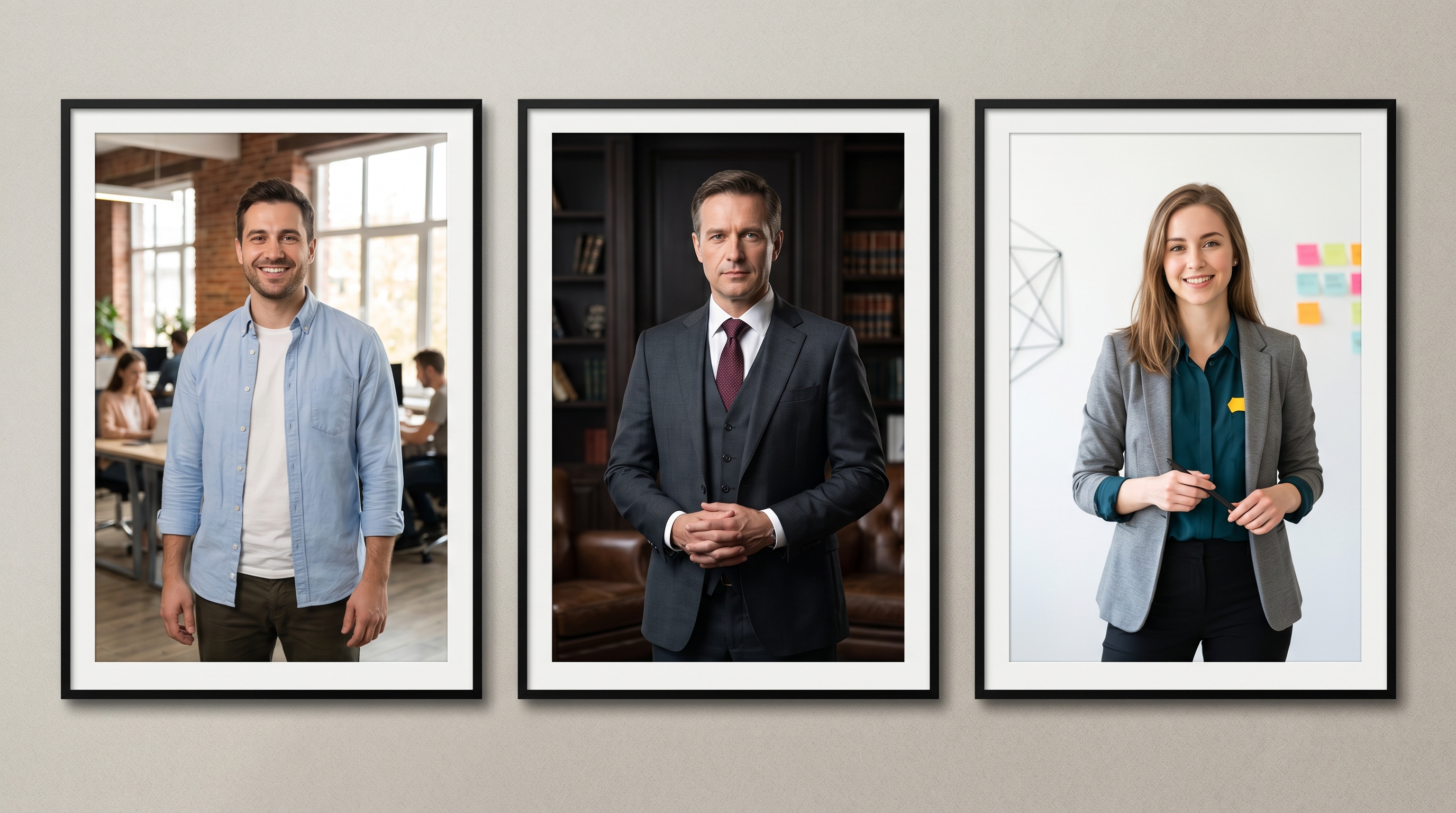 Three professional headshots demonstrating appropriate visual tone for different industries: casual tech founder, formal corporate attorney, and creative UX designer