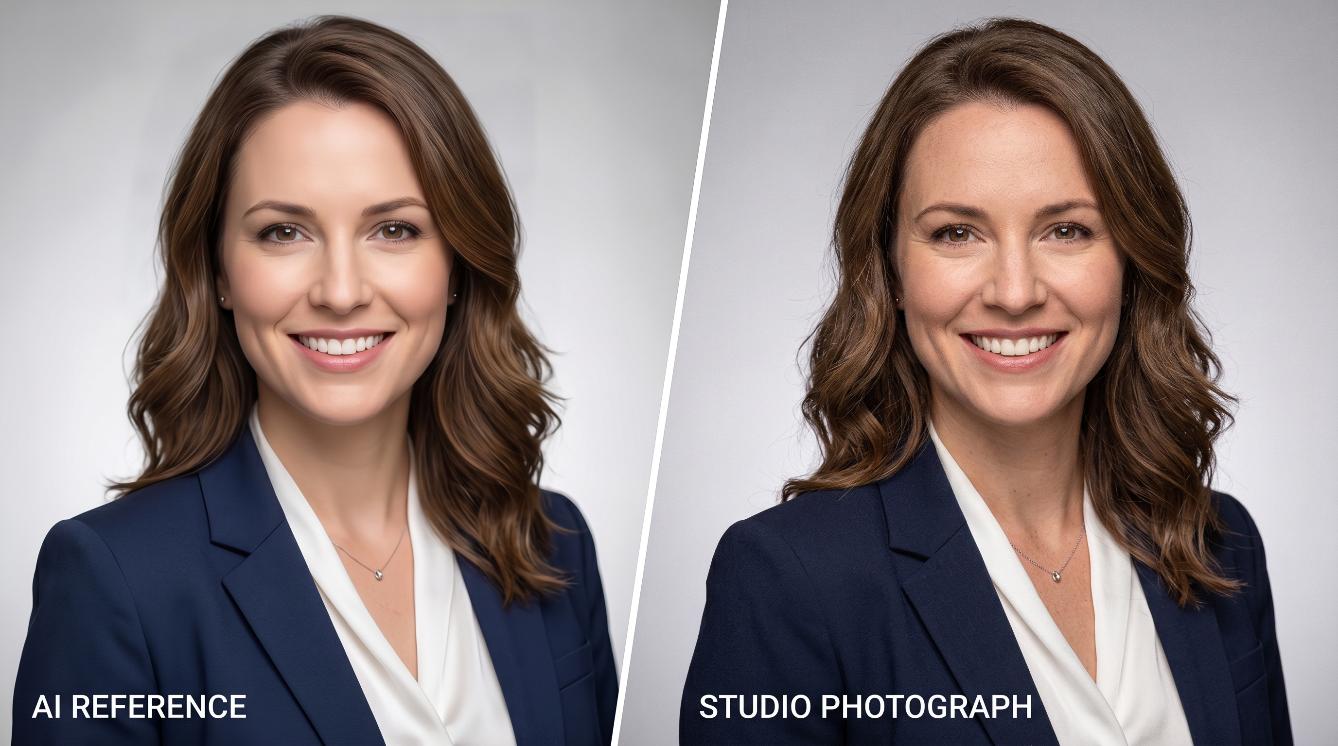 Side-by-side comparison of an AI-generated reference headshot and a final studio photograph showing alignment in pose, expression, and professional styling