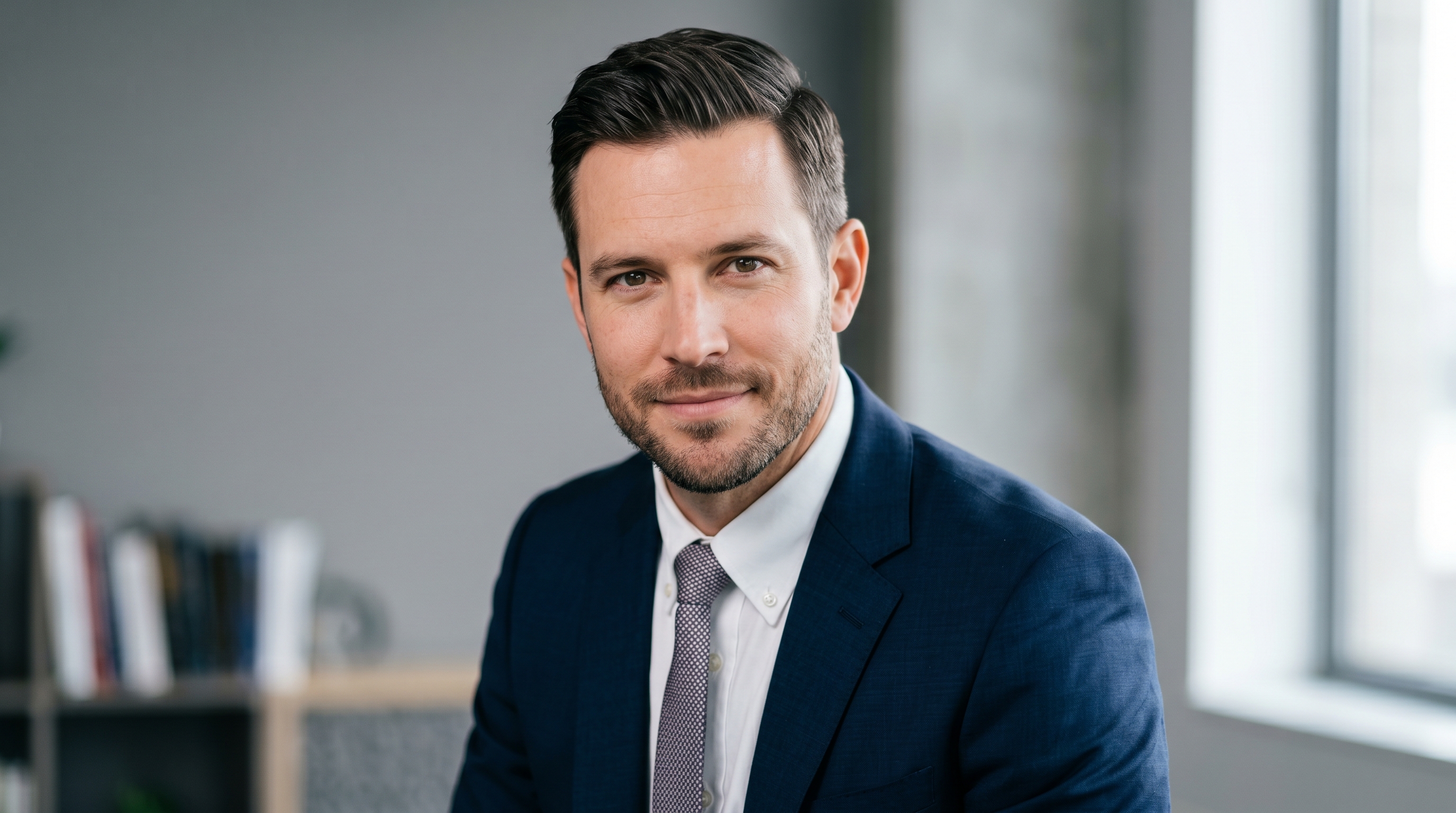 Professional headshot demonstrating correct chin placement with chin pushed slightly forward and angled down, proper shoulder positioning, and camera angle slightly above eye level