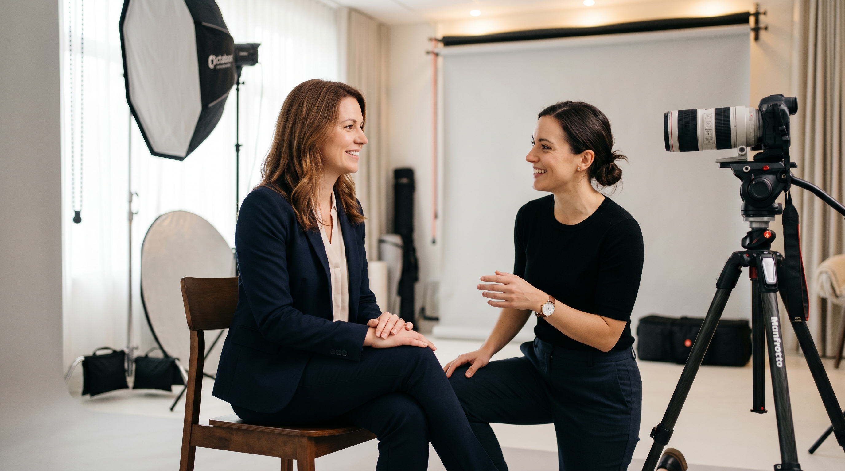 A photographer directing a seated client during a professional headshot session, demonstrating proper posing technique in a modern studio environment