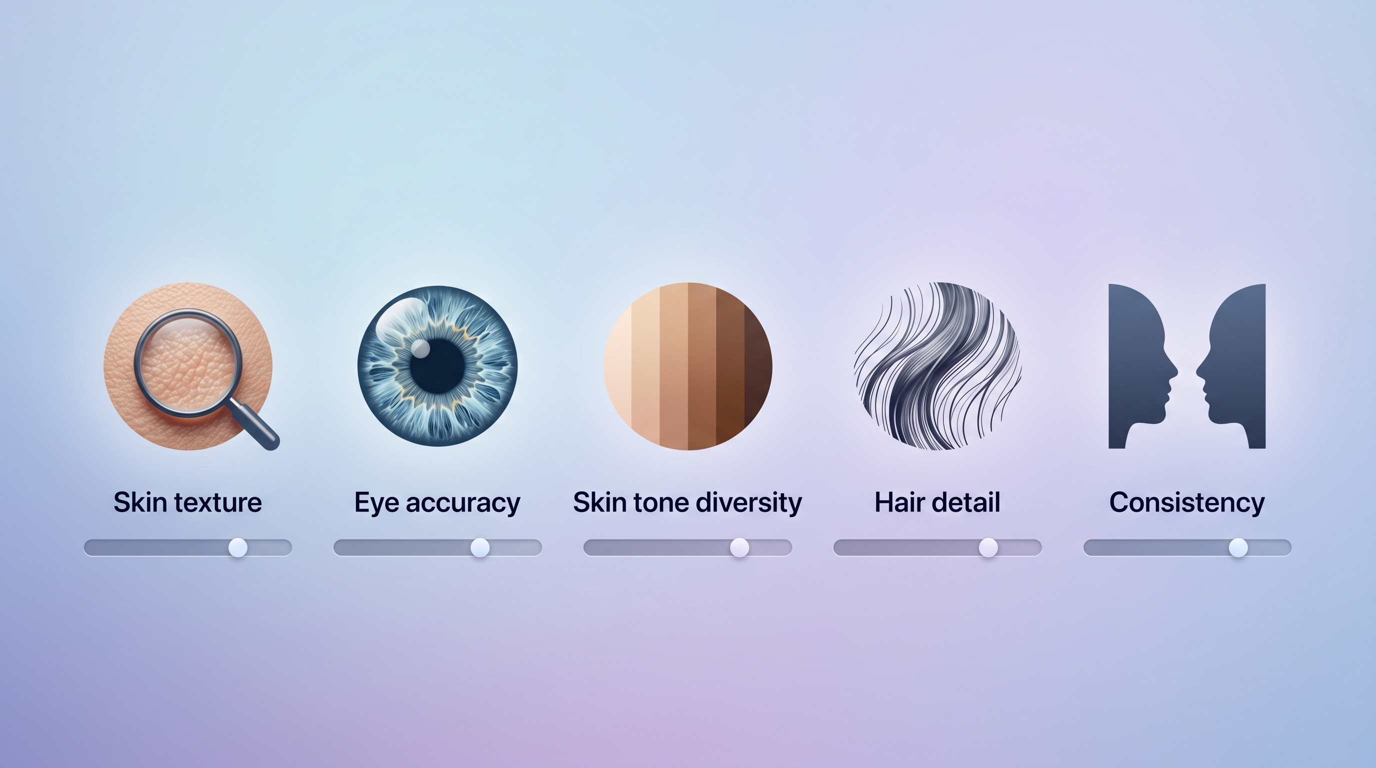 Visual rubric showing five AI portrait evaluation criteria: skin texture fidelity, eye rendering accuracy, diverse skin tone handling, hair detail, and cross-generation consistency, each represented by an illustrative icon