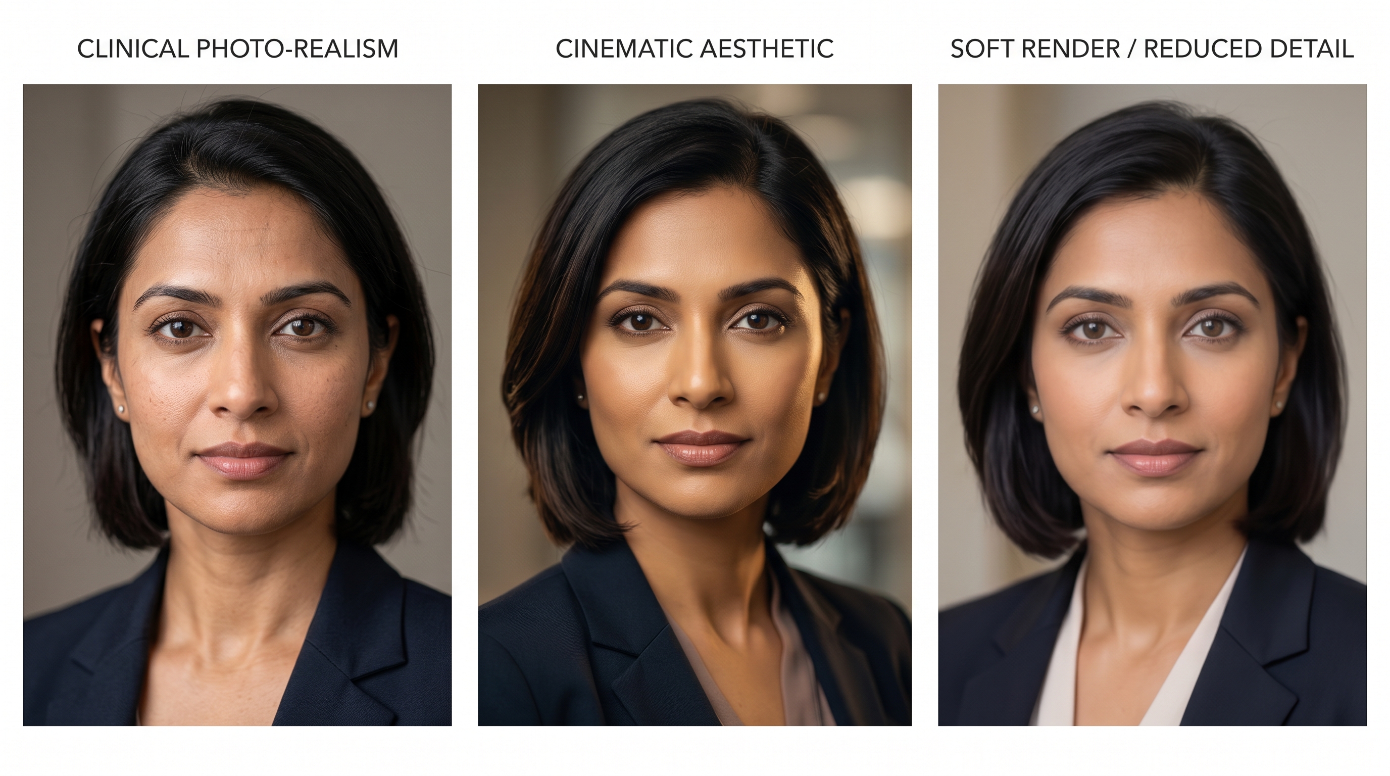 Side-by-side comparison of three AI-generated professional headshots showing different levels of realism, aesthetic polish, and detail quality from three different AI models