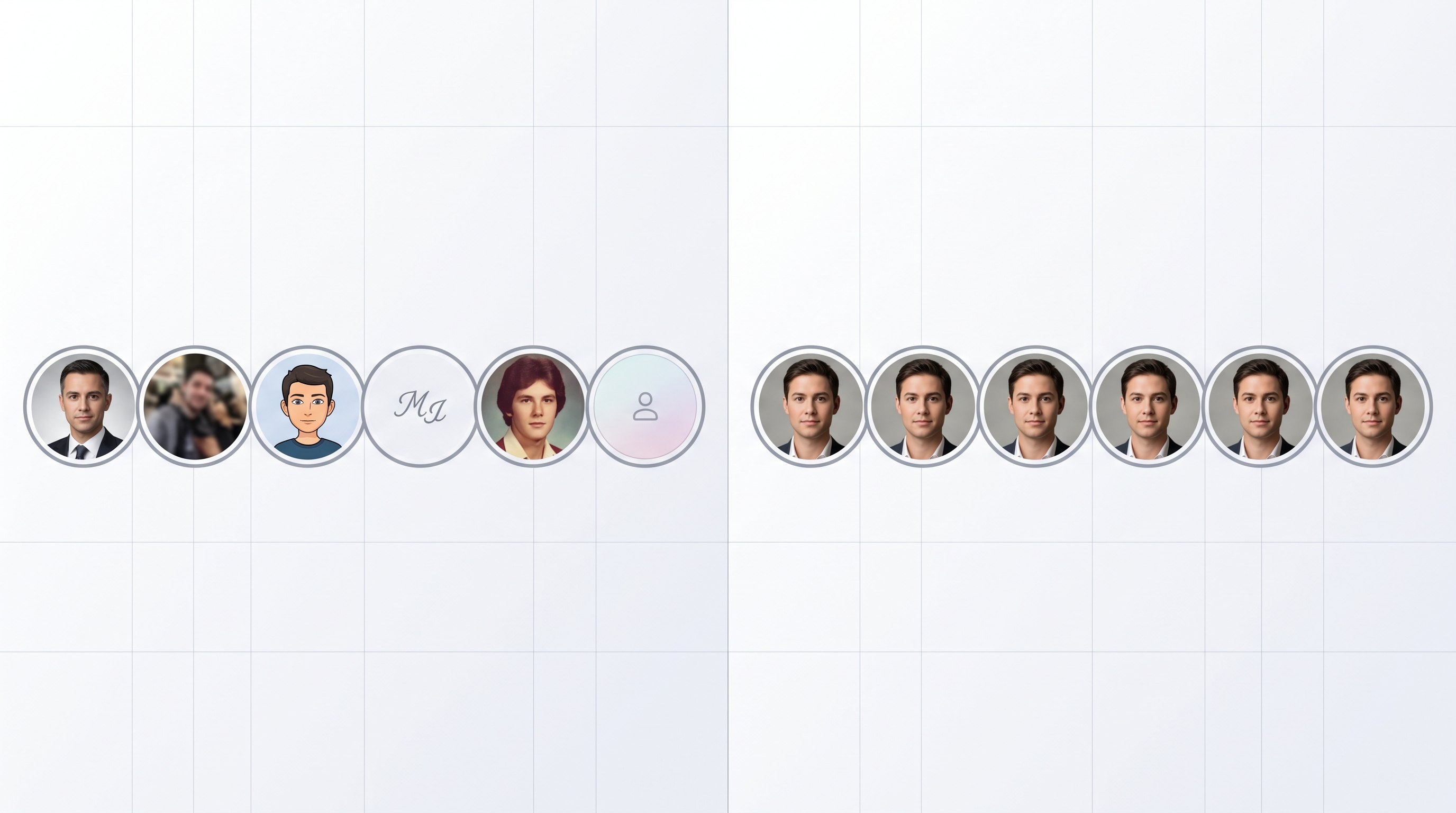 Side-by-side comparison of fragmented visual identity with mismatched avatars across platforms versus cohesive visual identity with consistent professional headshots everywhere