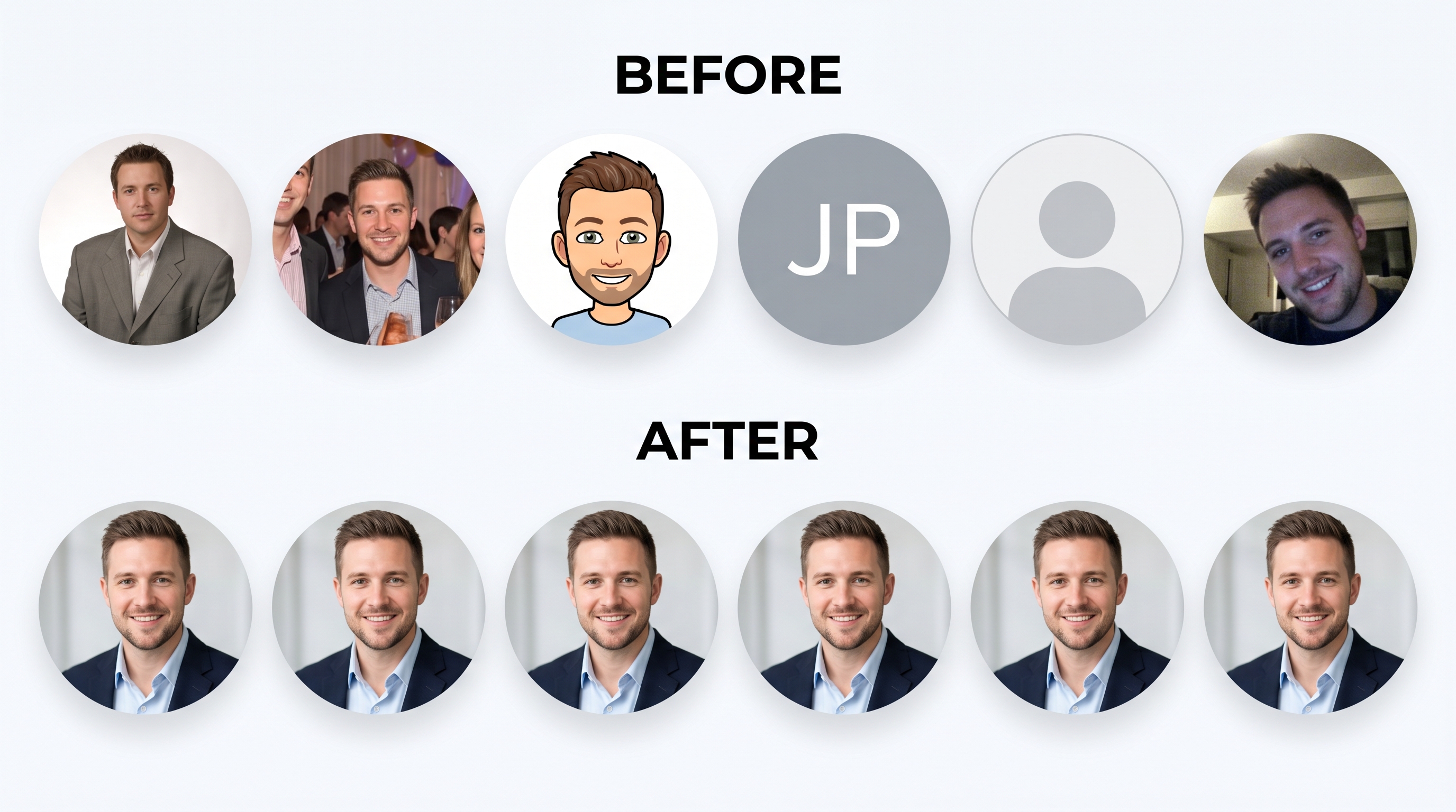 Before and after comparison of a freelancer's profile photos across six platforms, showing the transformation from inconsistent and outdated images to a cohesive professional headshot everywhere