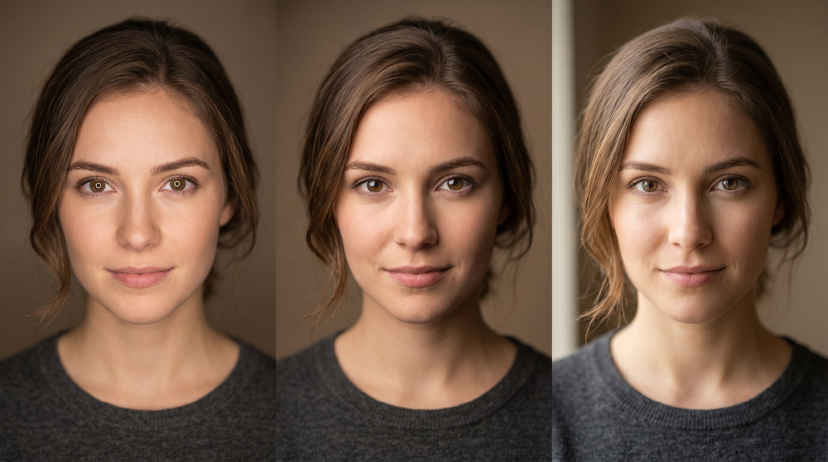 Three side-by-side portraits showing different catchlight shapes in the eyes: a donut-shaped ring light catchlight, a rectangular softbox catchlight, and an irregular natural window light catchlight