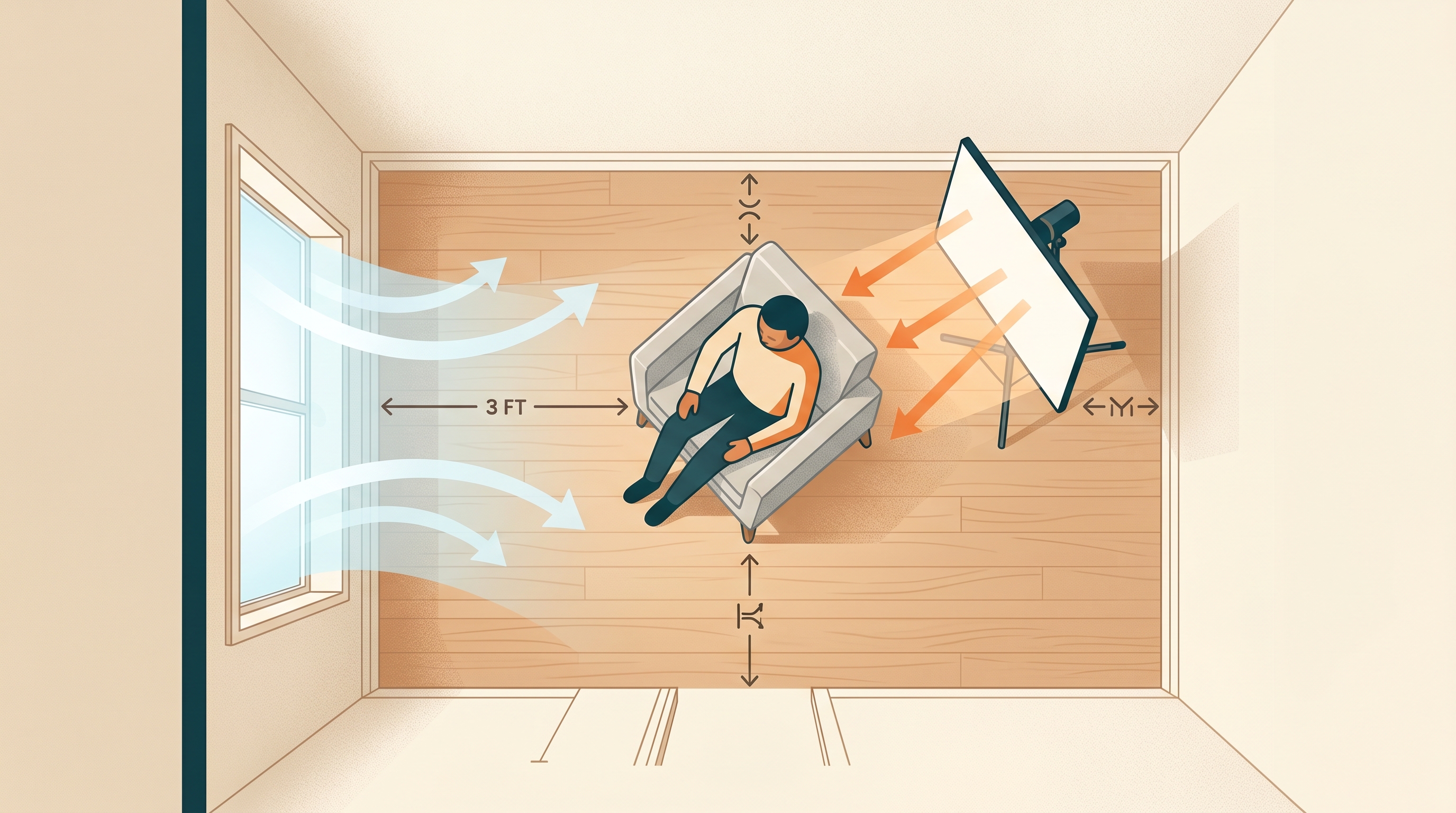 Overhead diagram of a window light portrait setup showing subject positioned 3 feet from a large window at a 45-degree angle with a foam board reflector on the opposite side