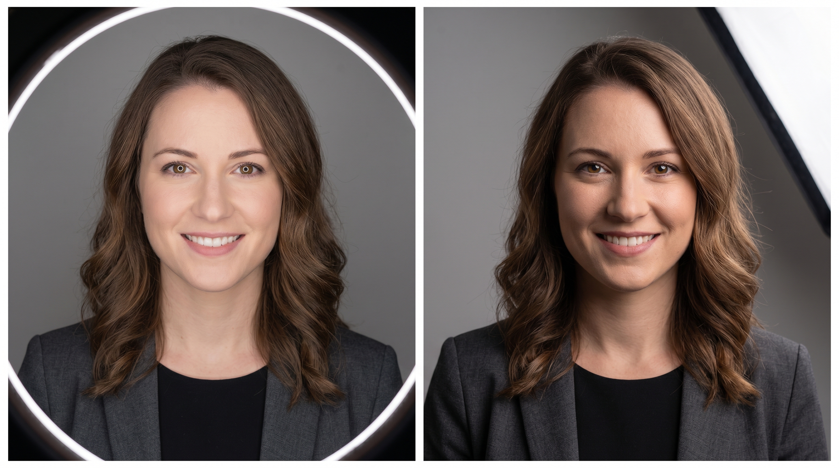 Before and after comparison of the same subject photographed with a ring light showing flat lighting versus a softbox at 45 degrees showing dimensional, professional-quality shadows and highlights
