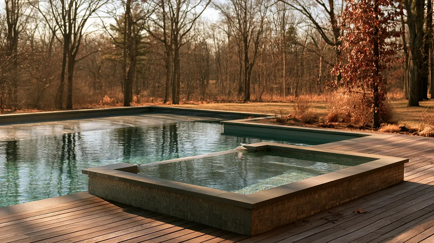 A spillover spa sitting unused beside a closed pool in late autumn.