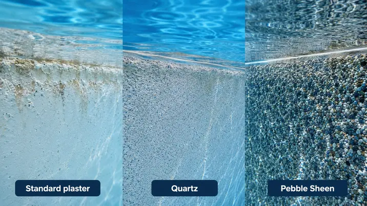 Side-by-side close-up comparison of three gunite pool interior surfaces at the waterline.