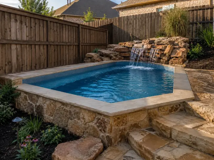 Compact semi-inground spool with jets and rock waterfall wall on a sloped small Jenks backyard.