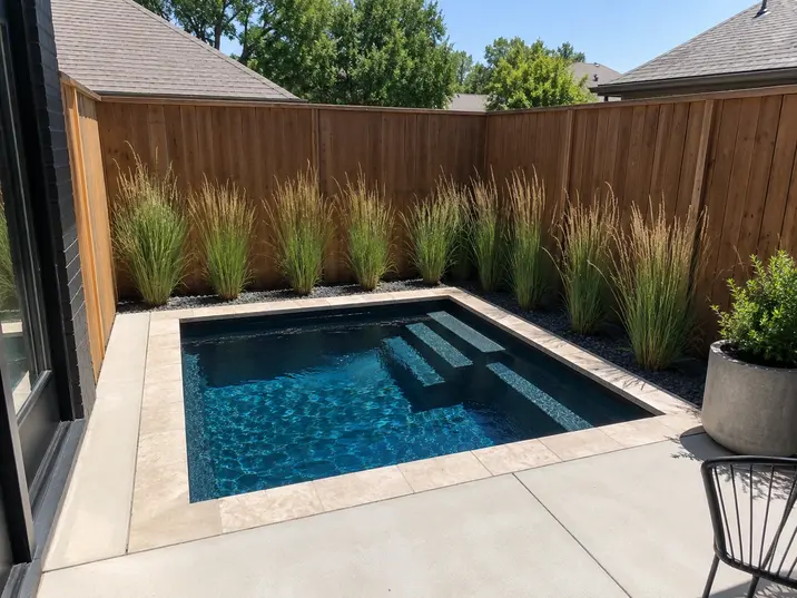 Small square inground plunge pool 12 by 12 feet in a compact Tulsa courtyard backyard.