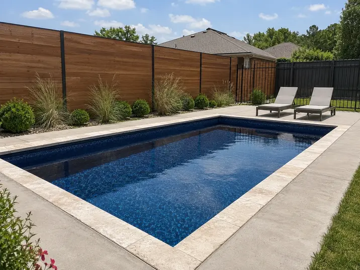In-ground vinyl liner plunge pool in a small flat Tulsa backyard.