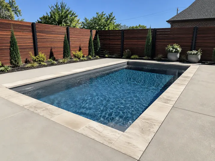 Compact fiberglass inground plunge pool for small flat Tulsa backyards, low maintenance.