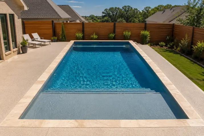 Rectangular inground pool with tanning ledge and built-in bench fitting a small Jenks yard.