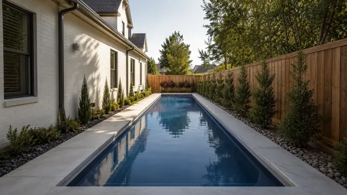 Narrow inground lap pool oriented lengthwise to fit a long narrow small Tulsa backyard lot.