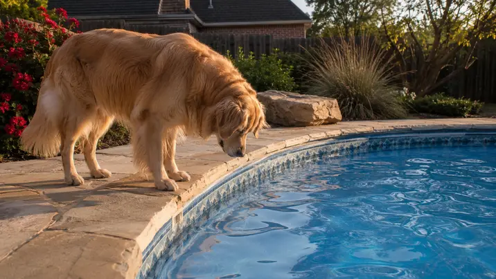 A golden retriever standing at the edge of an inground pool in a Tulsa backyard.