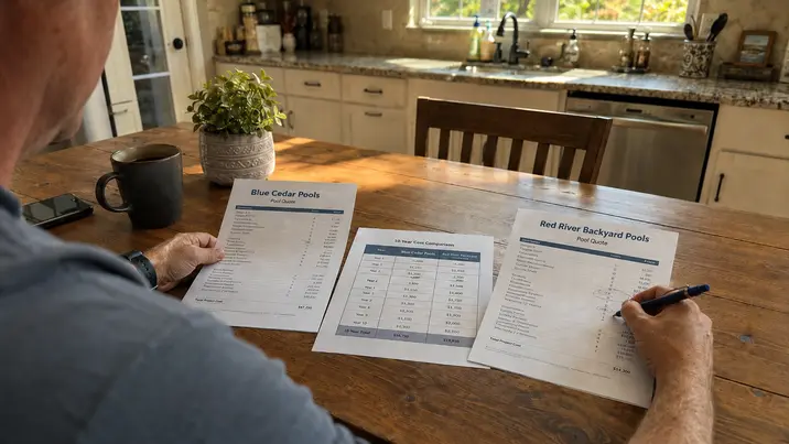 Homeowner at a kitchen table reviewing two pool quotes side by side.