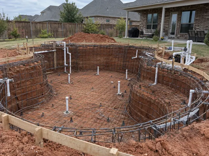 Steel rebar cage tied inside an excavated pool shell before gunite is sprayed.