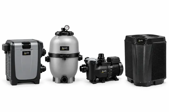 Jandy pool pump, heater, heat/chill pump, and cartridge filter.