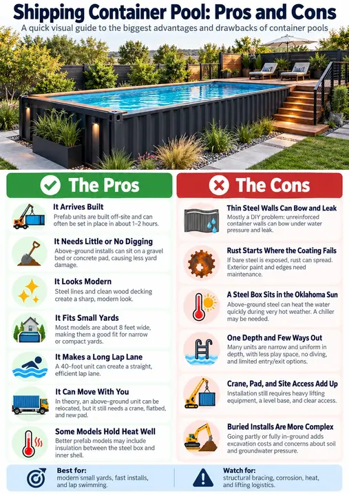 Shipping container pools pros and cons for Tulsa homeowners.