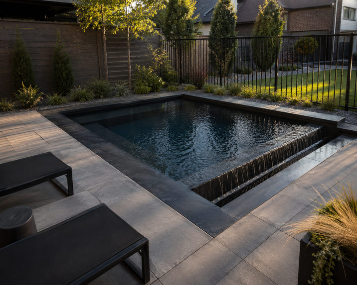 Contemporary square inground plunge pool with dark finish in a small modern Bixby backyard