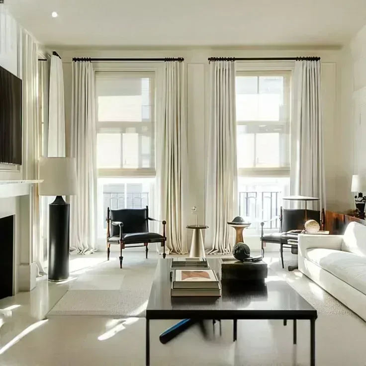 Elegant living room with floor-to-ceiling curtains hung high to create the illusion of high ceilings, a key affordable interior design hack for luxury homes.