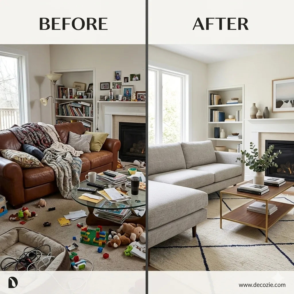 Before and after comparison of a living room, showing a cluttered space transformed into a bright, balanced, and beautifully designed modern room by Decozie.