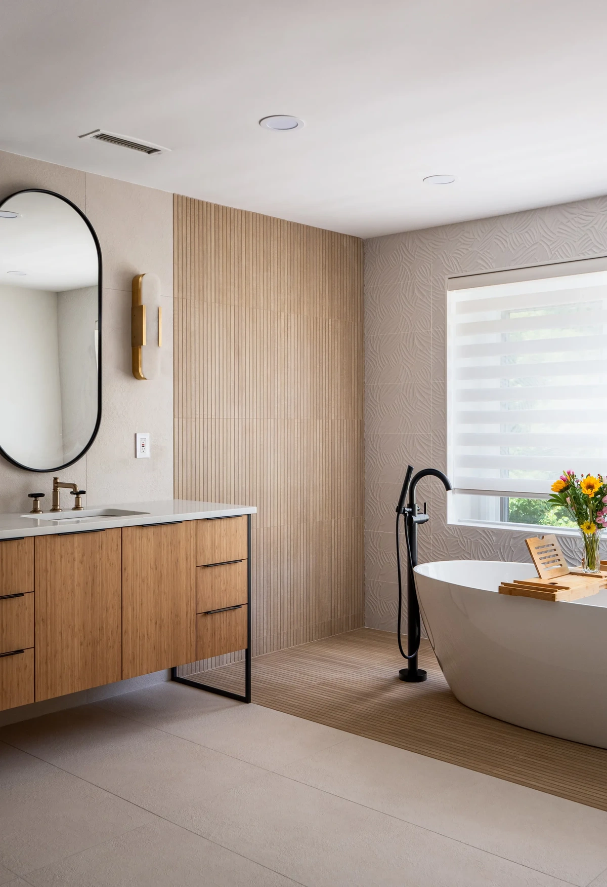 Japandi-Inspired Master Bathroom with a Warm Wood Double Vanity - View 2