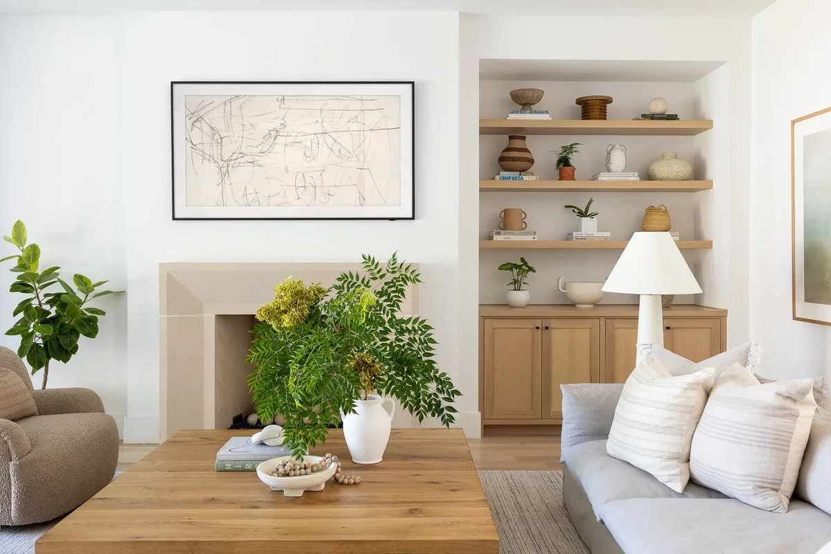 Organic Modern Living Room with Warm Wood Tones and Earthy Textures - Living Room interior design by Decozie