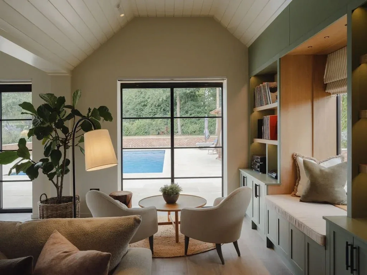 Sunlit Living Room with Window Seat - Living Room interior design by Decozie