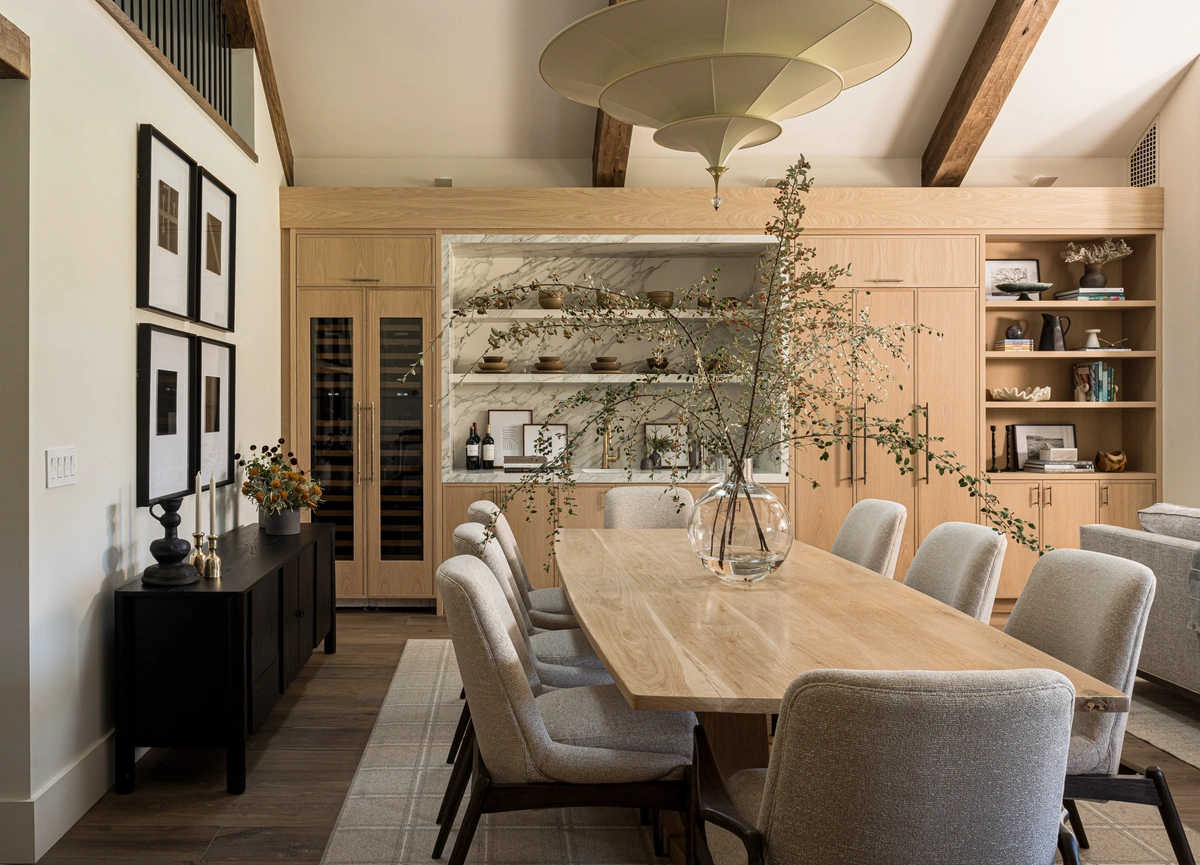 Warm Transitional Dining Space with Custom Cabinetry - View 1