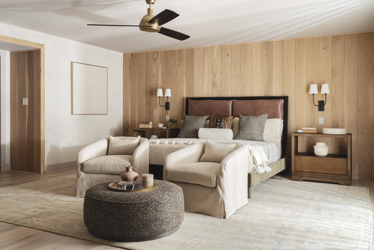 Modern Rustic Bedroom with Wood Paneled Wall - Bedroom interior design by Decozie