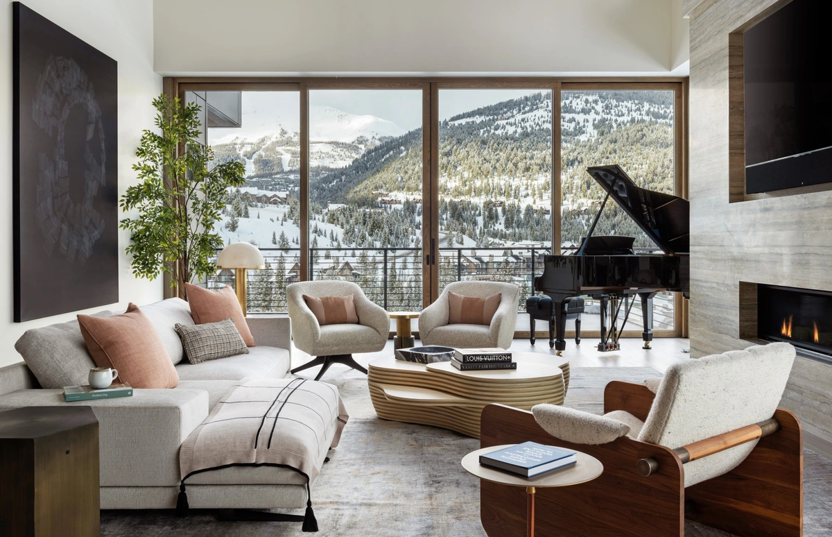 Luxury Living Room with Fireplace and Piano - Living Room interior design by Decozie
