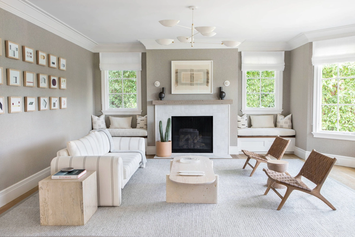 Warm Neutral Living Room with Fireplace & Gallery Wall - View 1