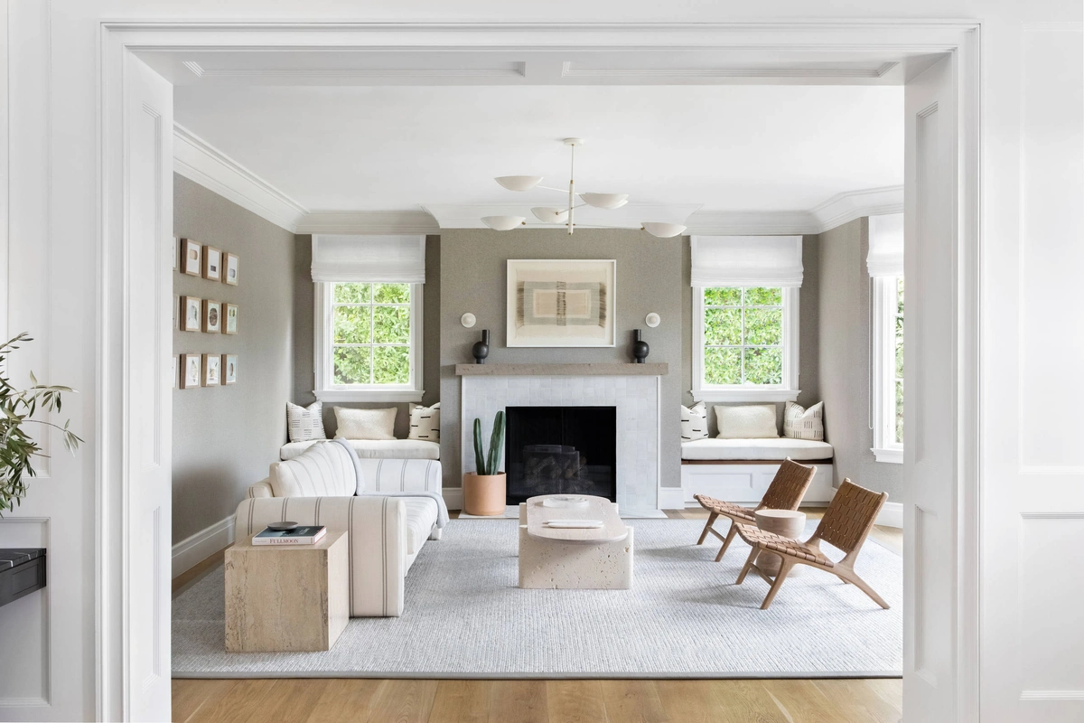 Warm Neutral Living Room with Fireplace & Gallery Wall - View 2