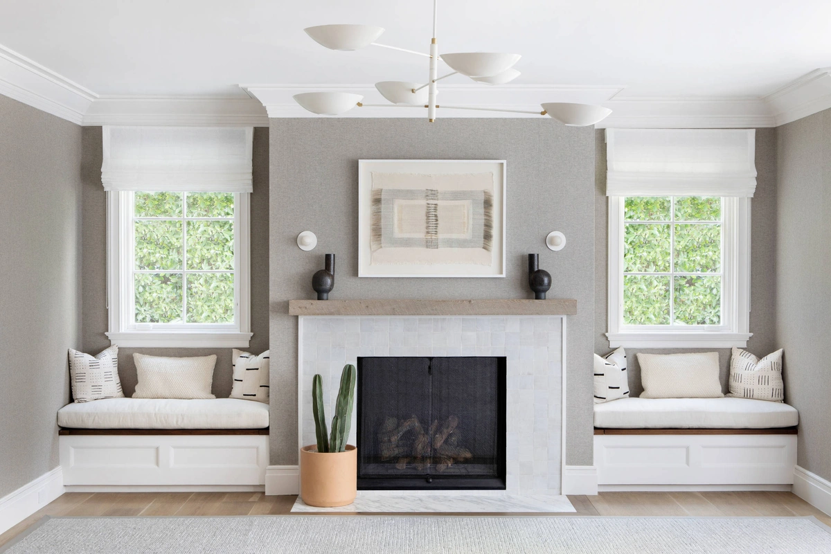 Warm Neutral Living Room with Fireplace & Gallery Wall - View 3